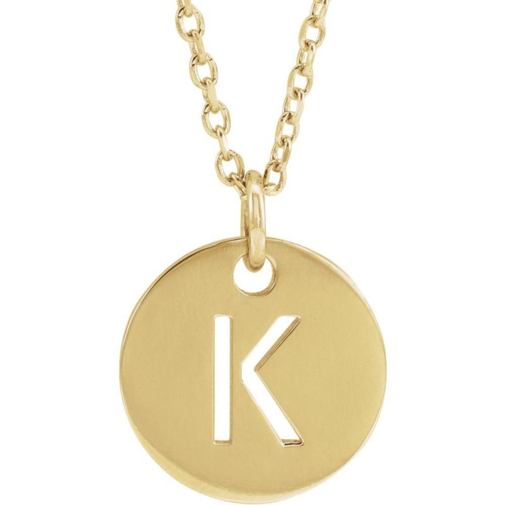 14k Yellow Gold Initial K, Small 10mm Pierced Disc Necklace, 16-18 In.